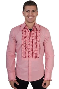 Chenaski Herren 70er Langarm Rüschen Hemd rosa - Bild 1 von 6