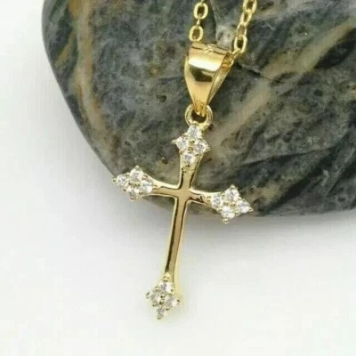2Ct Round Cut Simulated Diamond Cross Pendant Necklace 14K Yellow Gold Plated - Image 1 of 3