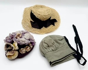 (3) Beautiful EARLY Antique Doll Hats BONNET FLORAL & SUN Trio Lot - Quality! - Picture 1 of 13