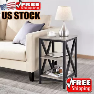 Industrial 3-Tier Square End Side Tables Iron Metal Wood Living Room Offices New - Picture 1 of 9