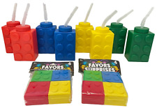 New Lot of 8 Lego Brick Kids Plastic Drink Sippy Cup w/ Straw & Party Favor Box
