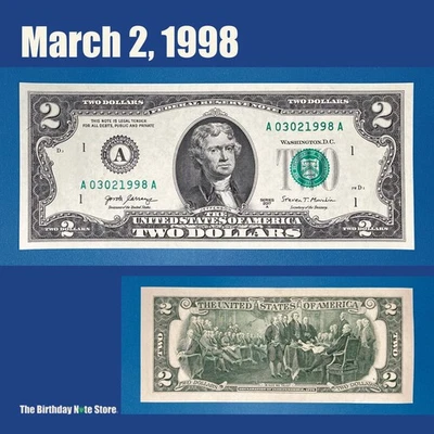 March 2, 1998 Birthday Anniversary $2 Two Dollar Bill Serial Number 03021998 - Image 1 of 2