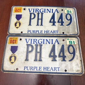 Pair - Vintage 1991 VIRGINIA Purple Heart License Plate # PH449 - Picture 1 of 5