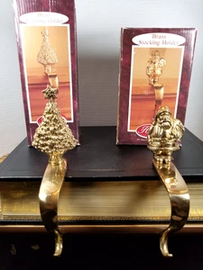 Set of 2 Vintage Brass Christmas Stocking Holders Santa, Tree India Original Box - Picture 1 of 24