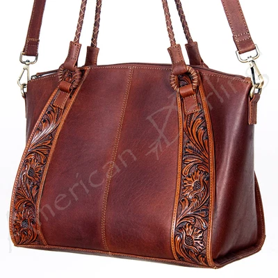 American Darling Tooled Leather Western Tote - Genuine Brown Cowhide Shoulder Ba - Image 1 of 4