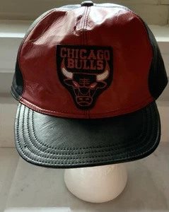 Vintage Leather Red And Black Chicago Bulls  Snap Back Adjustable Hat Size 8 - Picture 1 of 9