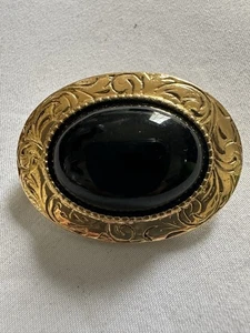 Broche de luto grabado vintage de ónix negro dorado B18 - Imagen 1 de 3