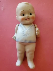 5-1/2" All Bisque Baby Bud Doll, German? Nippon? Wearing Blue Apron Bib NICE - Picture 1 of 14