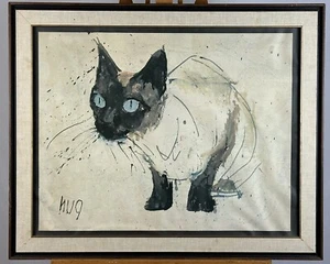 Fritz Rudolf HUG gerahmte Siamkatze Vintage Lithographie Kunstdruck MCM Dekor - Bild 1 von 8