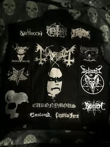 Black Metal Battle Jacket Cut-Off Denim Vest Darkthrone Bathory Mayhem Watain - Picture 1 of 12