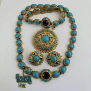 Vintage Star Brand Jewelry Set Rhinestone Gold Tone Showstopper Molded Turquoise - Picture 1 of 12