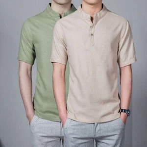 Verano Hombres Cuello Alto Lino Camisa Blusa Ajuste Manga Corta Algodón Lino Top - Imagen 1 de 25