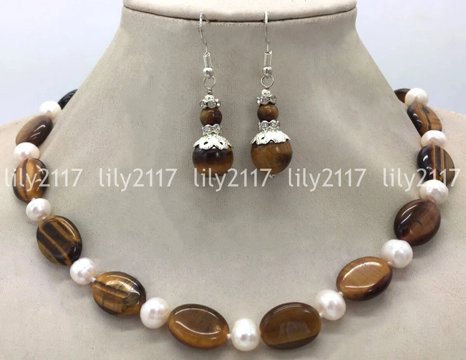 Conjunto de aretes collar perlas blancas gemas ojo de tigre amarillo ovalado natural 13x18 mm Foto 1 de 3