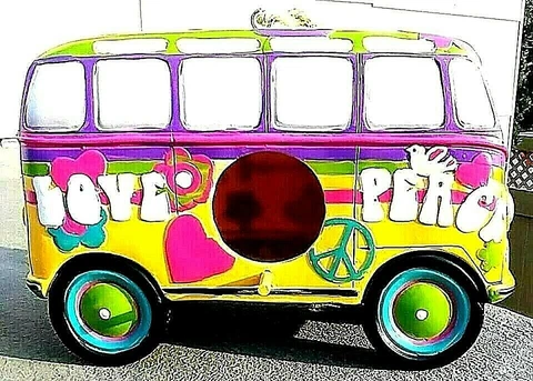 VW BUS BIRDHOUSE Peace and Love with Peace symbol and flowers.Volkswagen Van Cover