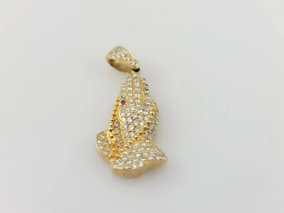 14K Yellow Gold Praying Hands with Natural Diamonds and Ruby Pendant 4.27 grams - Image 1 of 4