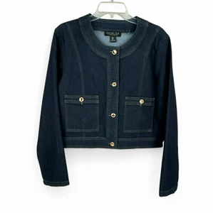 Rachel Zoe Women's Denim Jacket Large Dark Blue Button Up Collarless Long Sleeve - Picture 1 of 7