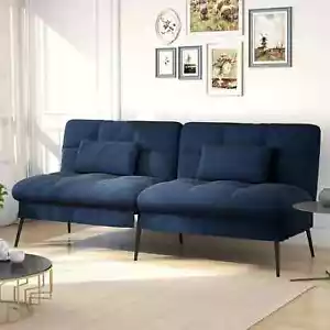 Convertible Futon Sofa Bed Upholstered Futon Couch Fabric Sleeper Sofa, BLUE - Picture 1 of 7
