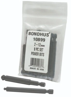 Bondhus 9pc 1/4in Shank Hex Power Bit Set Metric 2-12mm BallDriver USA 10899 - Image 1 of 3
