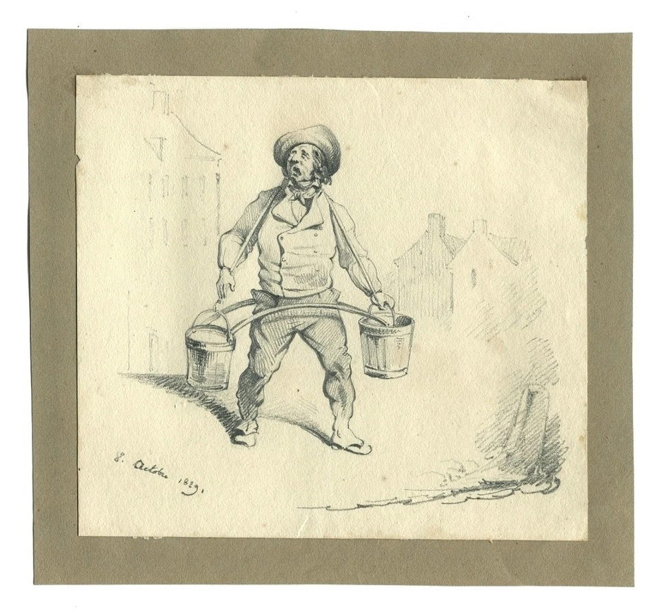 Daté 1829 - Porteur d'eau  - Dessin original ancien - Photo 1/1