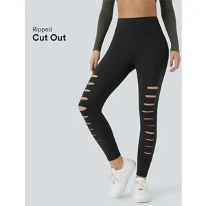 Halara High Waisted Cut Out Ripped Solid Black Casual Leggings Size Small (S) - Picture 1 of 11