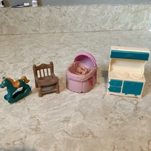 Li’l Woodzeez Furniture Crib & Doll , Chair, Stove & Rocking Horse  - Picture 1 of 9