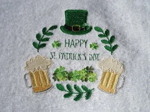 HAPPY ST PATRICKS DAY HATS AND BEERS CLOVER HAND CRAFTED EMBROIDERED HAND TOWEL - Picture 1 of 2
