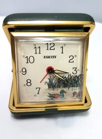 Vtg Equity Travel Alarm Clock=Ducks on Face=For refurbish or parts=Green/Gold Cover