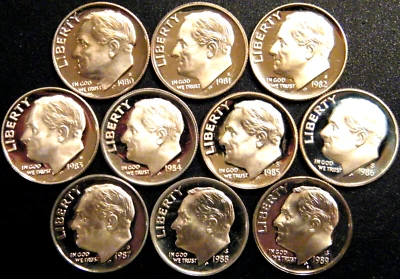 Juego de 10 monedas de diez centavos S Roosevelt 1980-1989 gema DCAM prueba funcionamiento Foto 1 de 2