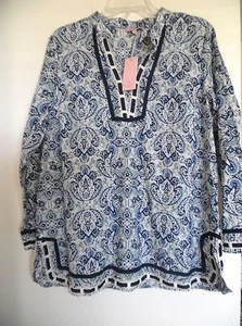 SAINT TROPEZ WEST Woman's Tunic Blouse Blue White Green Long Sleeve Size: L  NWT - Picture 1 of 4