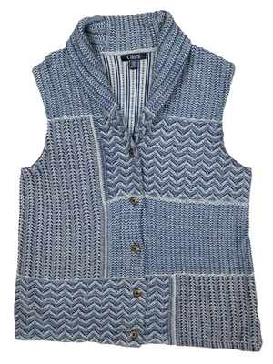 Chaps Denim, Womens XL Cardigan Blue Sleeveless Collared Button Front Geometric - Image 1 of 4
