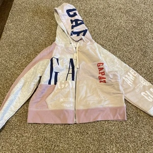 GAP KIDS ~ Retro Remix Graphic Zip Up Hoodie Sweatshirt ~ Pink Cream Gray ~ M - Picture 1 of 2