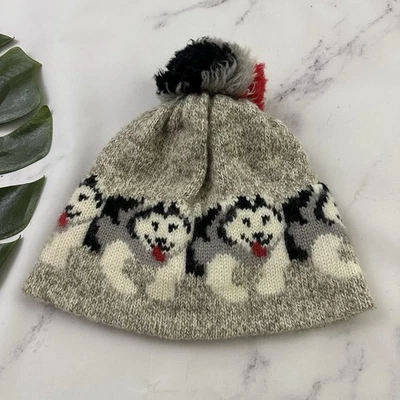 LL Bean Vintage 90s Husky Dog Pom Pom Beanie Hat Adult Size Wool Gray USA - Image 1 of 4