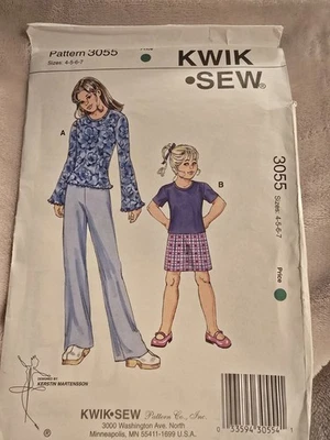 3055 Kwik Sew Sewing Pattern Martensson Little Girls Top Skirt Pants 4 - 7 Uncut - Image 1 of 2