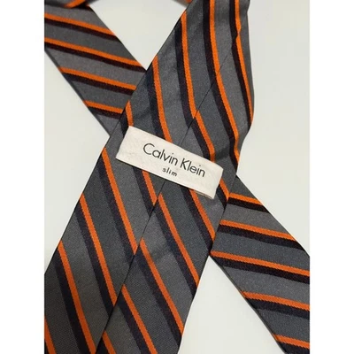 Corbata Calvin Klein Slim 100 % seda para hombre - Corbata - Naranja, Negro y Gris Rayas Foto 1 de 4