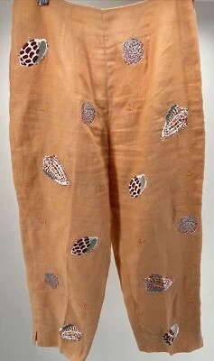 CJ Laing Seashell Embroidered Pants Linen Lined Side Zip Peach Size 6 - Image 1 of 4