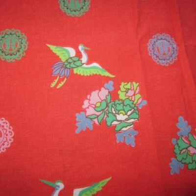 50cm Vintage Red Novelty Oriental Cranes Bird Floral Cotton Sewing Fabric 1960s - image 1 of 4