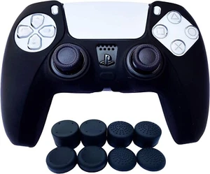 PS5 Controller Skin | Silicone Protector Cover Skin - Black + 8 Grip Caps - Picture 1 of 3