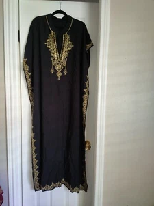 Black Gold Plus Size Maxi Lounge Dress Kaftan Boho Ramadan Bohemian Embroidered - Picture 1 of 11