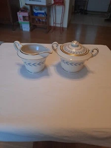 Syracuse China Old Ivory Sherwood Blue Laurel Creamer & Sugar Bowl set USA EC - Picture 1 of 11