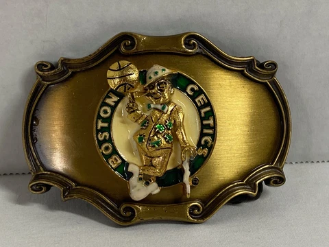 Vintage 1978 NBA Boston Celtics Raintree Bronze Engraved Metal 3D Belt Buckle Cover