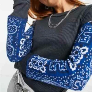 Free People Nikki Bandana Sleeve Thermal Top Shirt Blue Black SMALL - Picture 1 of 9