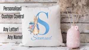 Personalised Kids Blue Rabbit Initial Custom Cushion Cover Custom Pillow Case - Picture 1 of 3