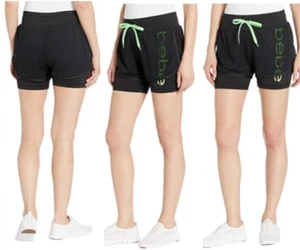 Bebe Sport Double Layer Mesh Shorts Black|Lime Green Logo Women's Size M - Picture 1 of 2