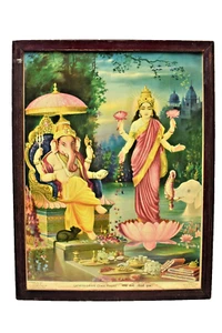 Antique German Oleograph Print Ganesh Laxmi Diwali Poojan Lithograph Hindu God " - Picture 1 of 8