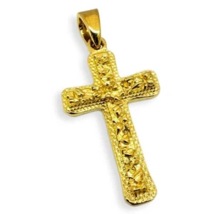 Solid 24K Yellow Gold Mens Nugget Cross Small Gold Cross Pendant, 7/8" 3.2 grams - Picture 1 of 9