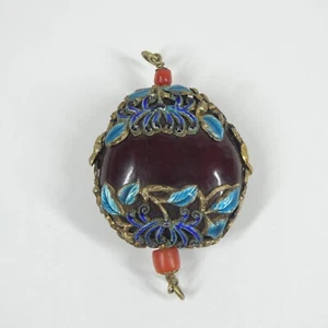 Chinese Enamel & Baltic Amber Pendant Antique - Picture 1 of 10