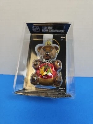 NHL Chicago Blackhawks Teddy Bear Christmas Ornament Blown Glass  Decoration New - Image 1 of 4