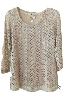 JM Collection Women's Size PL. Crocheted Blouse Lined 3/4 Sleeve KA Taupe NWT - Picture 1 of 9