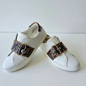 FENDI Sneakers White Leather Zucca FF Logo Pearl Buckle Slip On Sneakers 37.5 - Picture 1 of 16