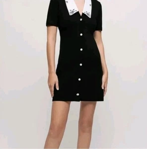 MAJE Black Knit Mini Dress With Embroidered Collar Size 38 UK 10 - Picture 1 of 7